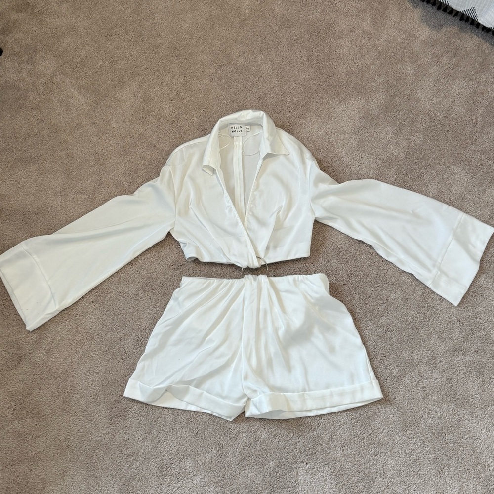 Hello Molly White satin romper long bell sleeve